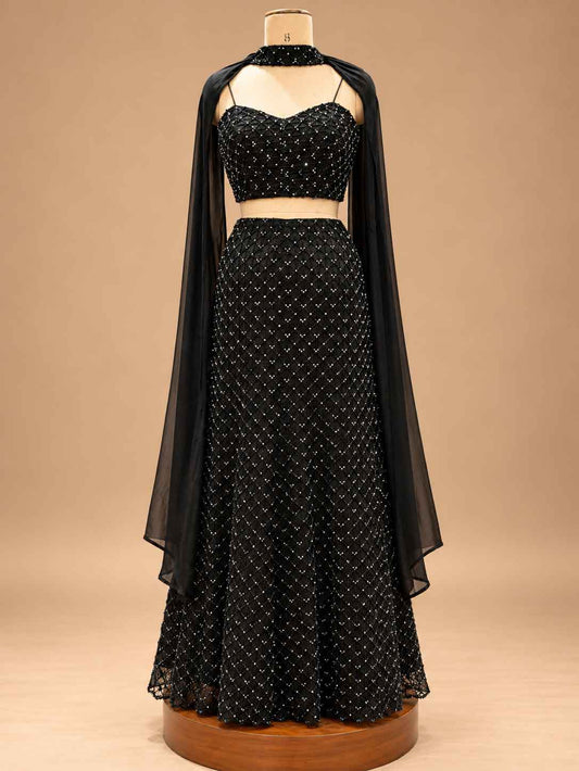 Black Embellished Lehenga Set with Sheer Dupatta for women – product view 2