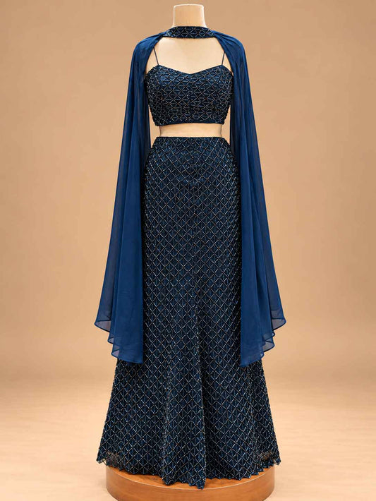 Midnight Blue Embellished Lehenga Set with Dupatta for women – product view 2