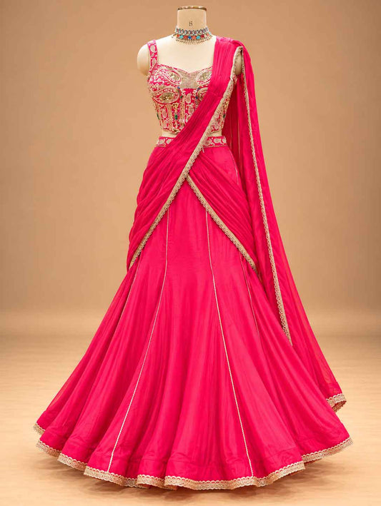Hot Pink Embroidered Lehenga Set with Draped Dupatta for women – product view 2