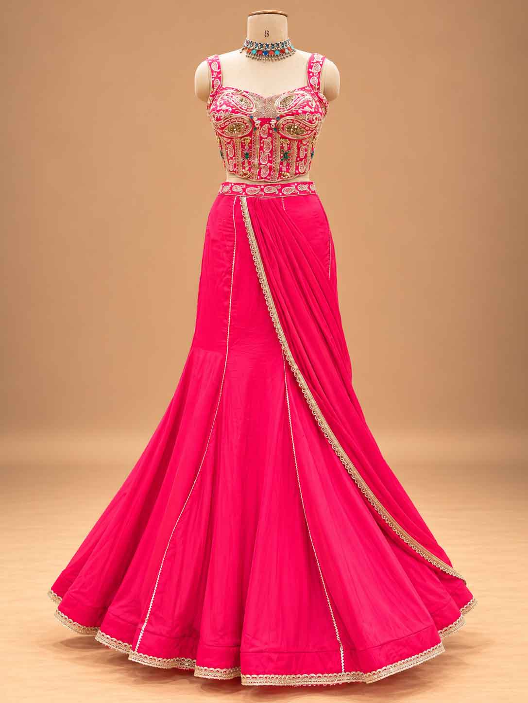 Hot Pink Embroidered Lehenga Set with Draped Dupatta | Designer Festive Wear
