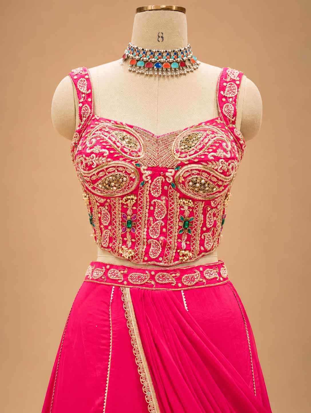 Hot Pink Embroidered Lehenga Set with Draped Dupatta | Designer Festive Wear