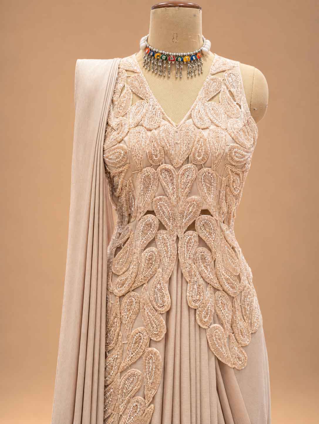 Champagne Beige Embroidered Pre-Draped Saree with Floral Detailing | Designer Occasion Wear