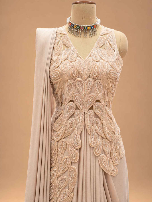 Champagne Beige Embroidered Pre-Draped Saree with Floral Detailing | Designer Occasion Wear