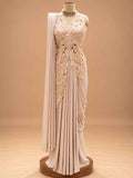 Champagne Beige Embroidered Pre-Draped Saree with Floral Detailing | Designer Occasion Wear