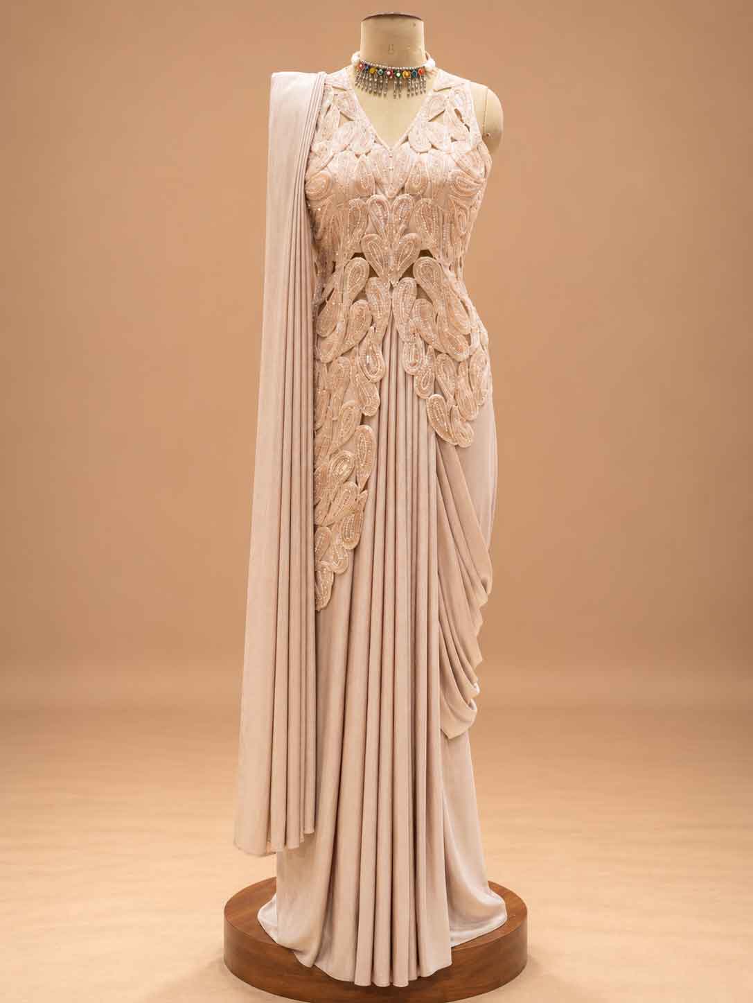 Champagne Beige Embroidered Pre-Draped Saree with Floral Detailing | Designer Occasion Wear