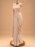 Champagne Beige Embroidered Pre-Draped Saree with Floral Detailing | Designer Occasion Wear