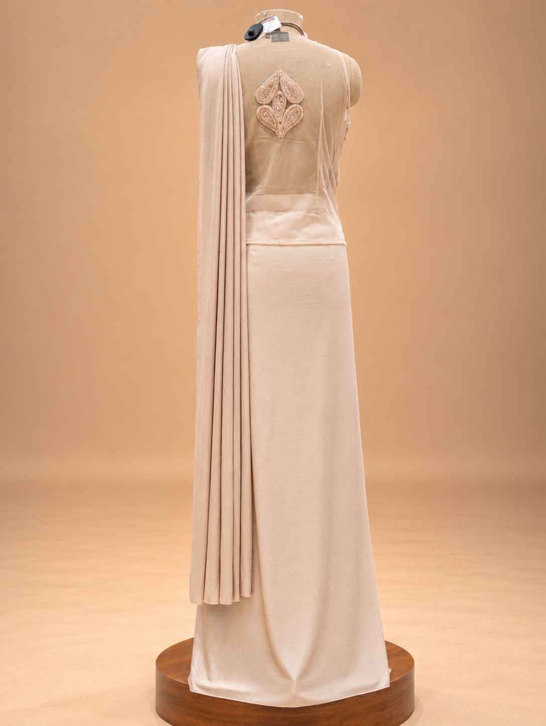 Champagne Beige Embroidered Pre-Draped Saree with Floral Detailing | Designer Occasion Wear