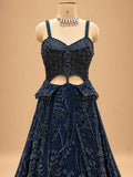 Midnight Navy Blue Embellished Lehenga Set with Sheer Dupatta | Women's Wedding Wear