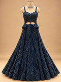 Midnight Navy Blue Embellished Lehenga Set with Sheer Dupatta | Women's Wedding Wear