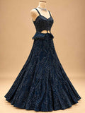 Midnight Navy Blue Embellished Lehenga Set with Sheer Dupatta | Women's Wedding Wear