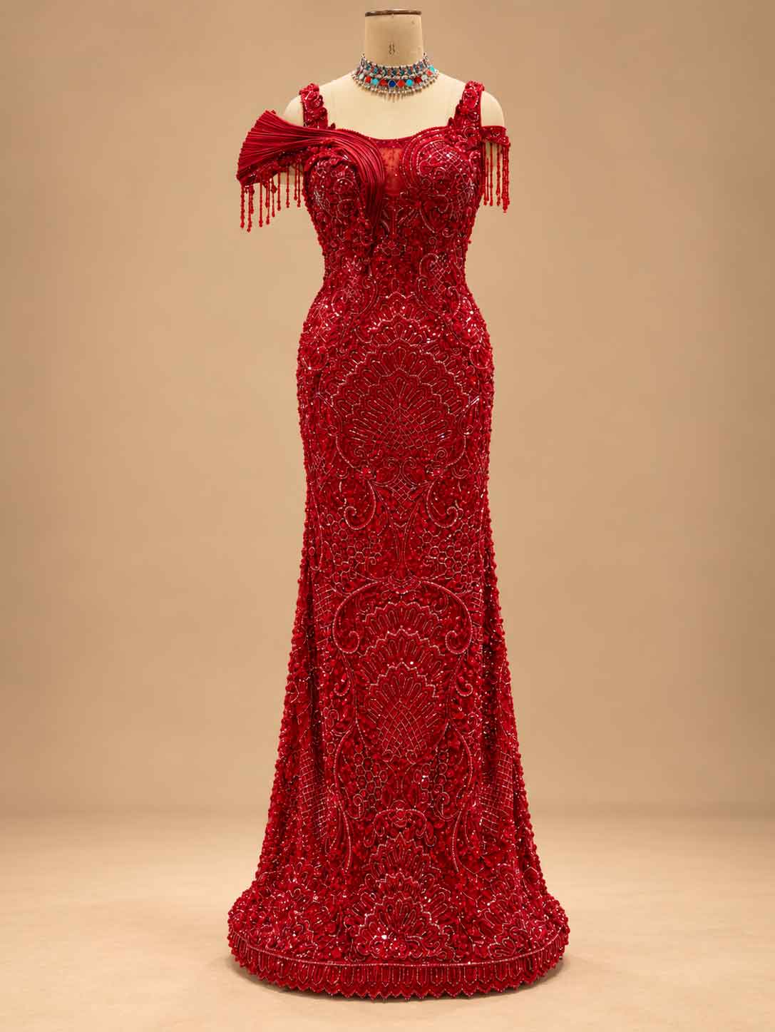 Red Embellished Mermaid Gown with Beaded Off-Shoulder Detailing | Women's Party Wear