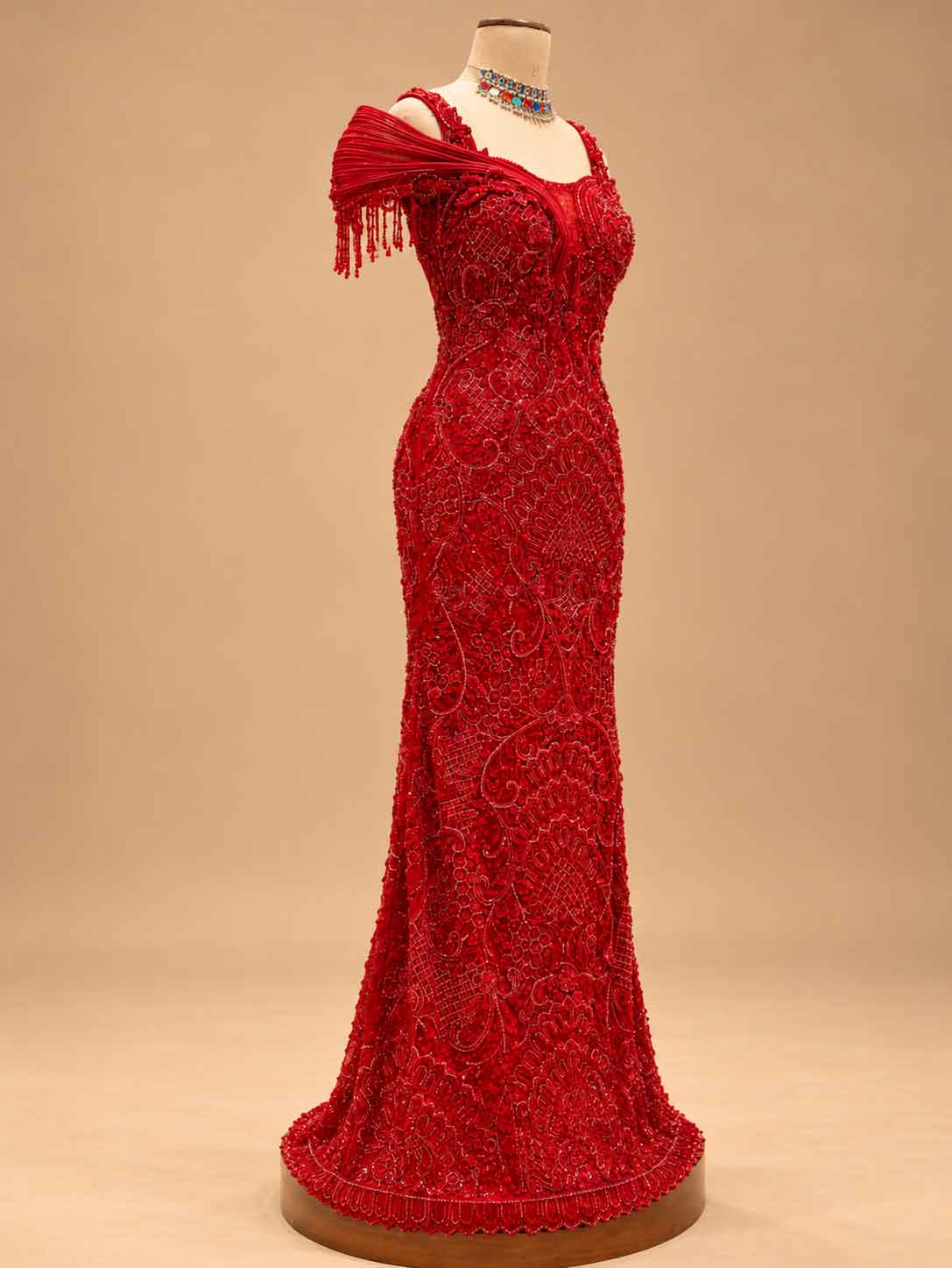 Red Embellished Mermaid Gown with Beaded Off-Shoulder Detailing | Women's Party Wear