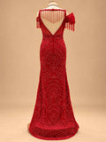 Red Embellished Mermaid Gown with Beaded Off-Shoulder Detailing | Women's Party Wear
