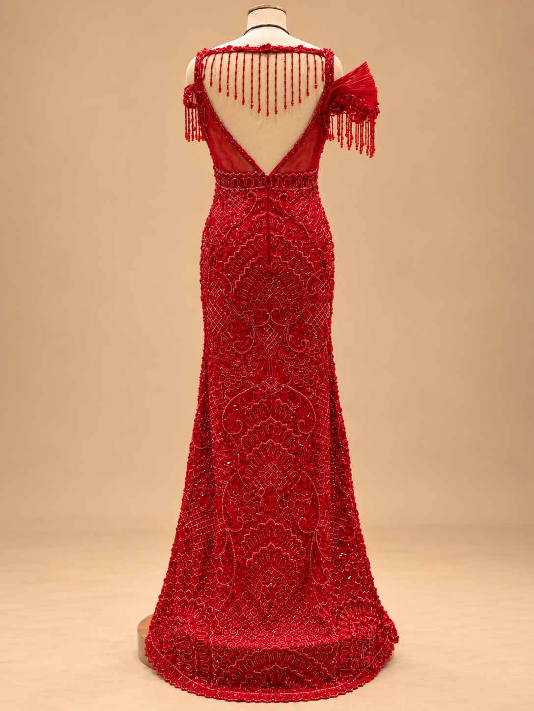 Red Embellished Mermaid Gown with Beaded Off-Shoulder Detailing | Women's Party Wear
