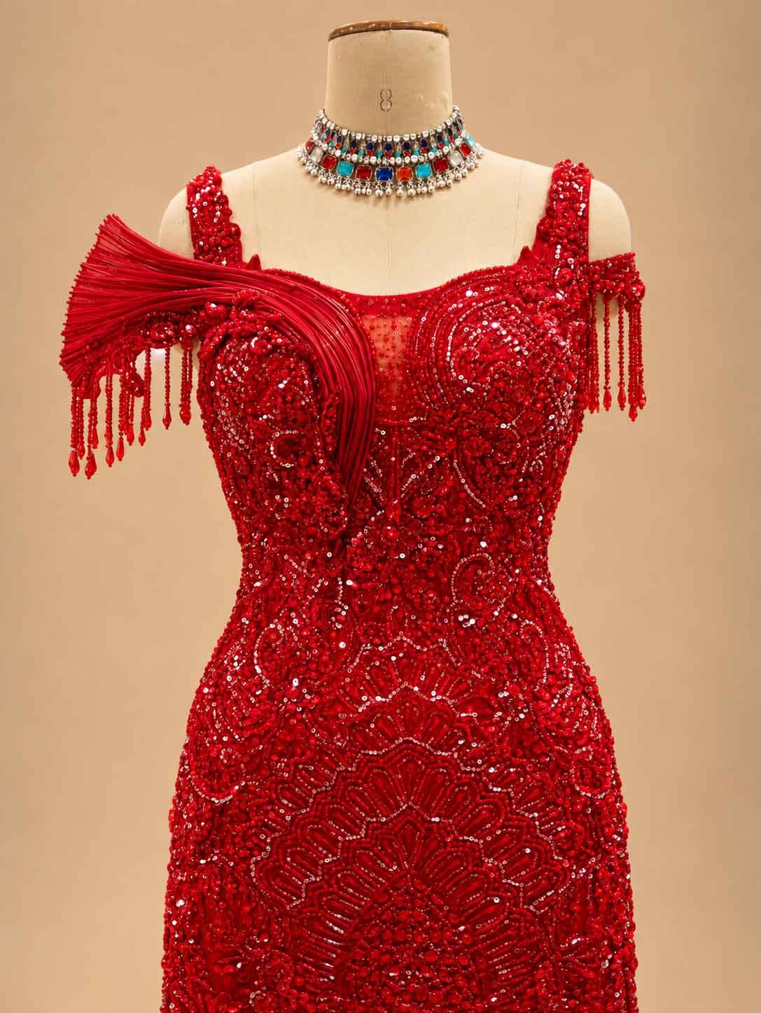 Red Embellished Mermaid Gown with Beaded Off-Shoulder Detailing | Women's Party Wear
