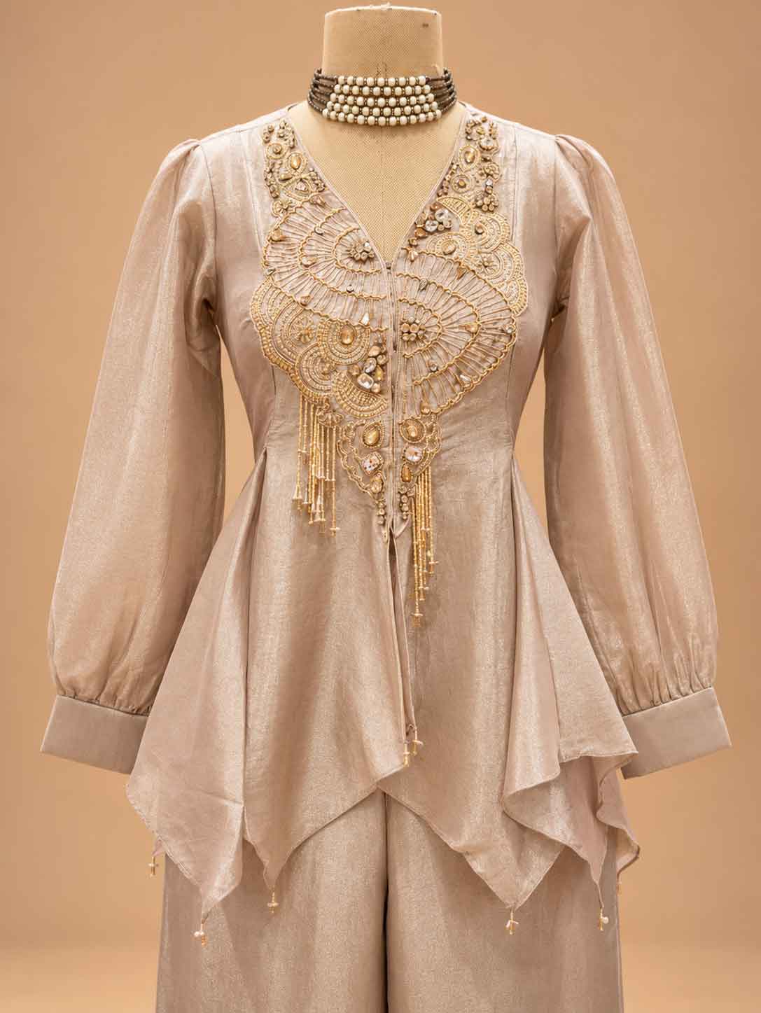 Champagne Embroidered Peplum Co-Ord Set with Wide-Leg Trousers | Women's Ethnic Wear