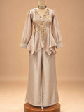 Champagne Embroidered Peplum Co-Ord Set with Wide-Leg Trousers | Women's Ethnic Wear