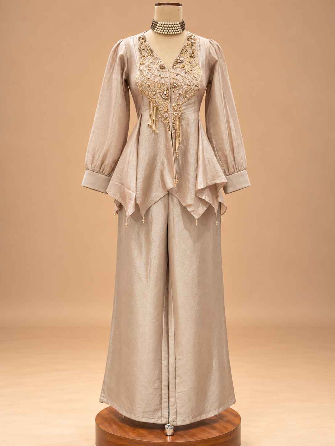 Champagne Embroidered Peplum Co-Ord Set with Wide-Leg Trousers | Women's Ethnic Wear