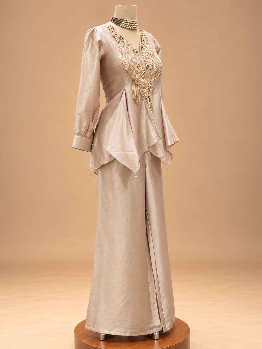 Champagne Embroidered Peplum Co-Ord Set with Wide-Leg Trousers | Women's Ethnic Wear