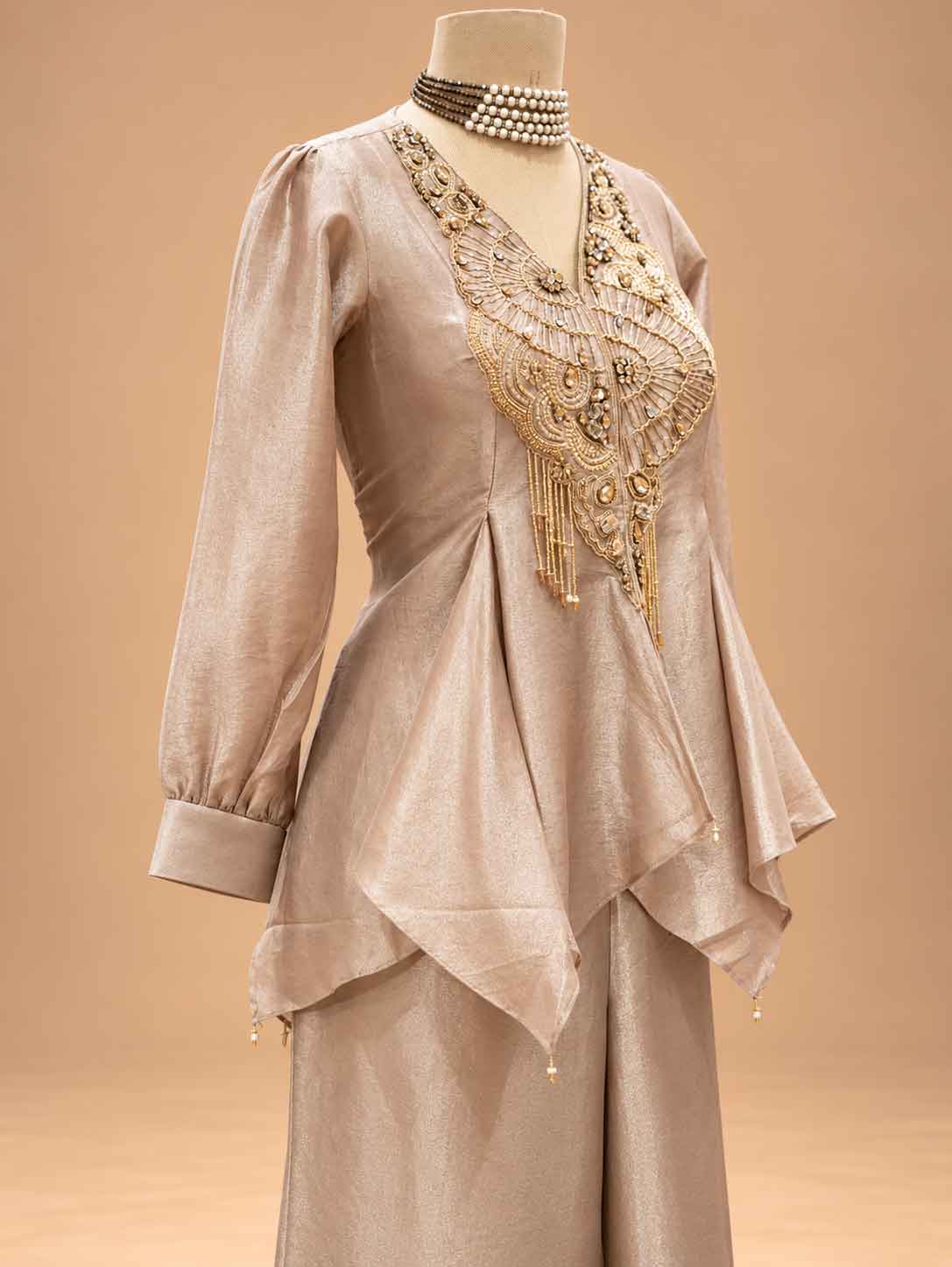 Champagne Embroidered Peplum Co-Ord Set with Wide-Leg Trousers | Women's Ethnic Wear