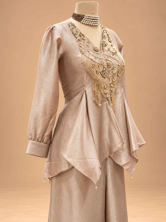 Champagne Embroidered Peplum Co-Ord Set with Wide-Leg Trousers for women – product view 2