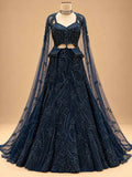 Midnight Navy Blue Embellished Lehenga Set with Sheer Dupatta | Women's Wedding Wear