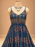 Deep Blue Printed Anarkali Dress with Traditional Floral Pattern | Women's Ethnic Wear