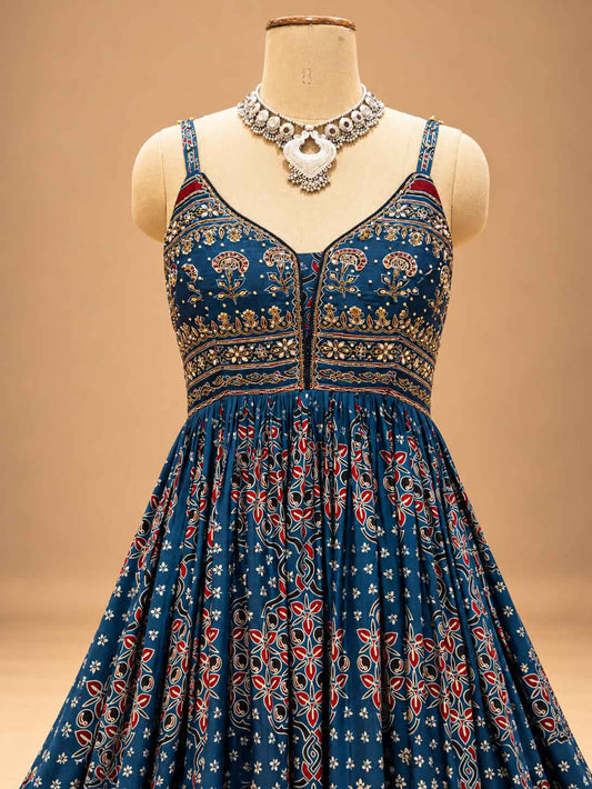 Deep Blue Printed Anarkali Dress with Traditional Floral Pattern for women – product view 2