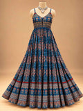 Deep Blue Printed Anarkali Dress with Traditional Floral Pattern | Women's Ethnic Wear