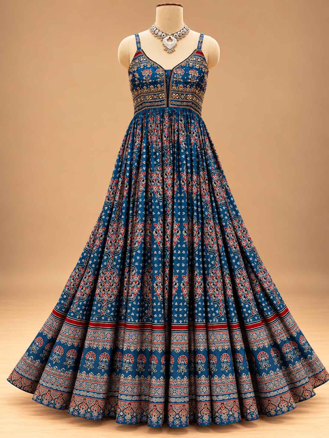 Deep Blue Printed Anarkali Dress with Traditional Floral Pattern | Women's Ethnic Wear