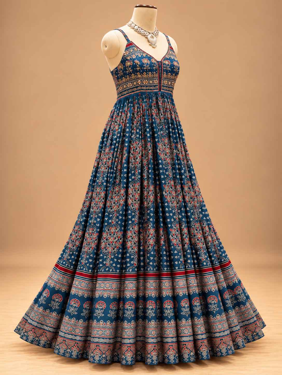 Deep Blue Printed Anarkali Dress with Traditional Floral Pattern | Women's Ethnic Wear