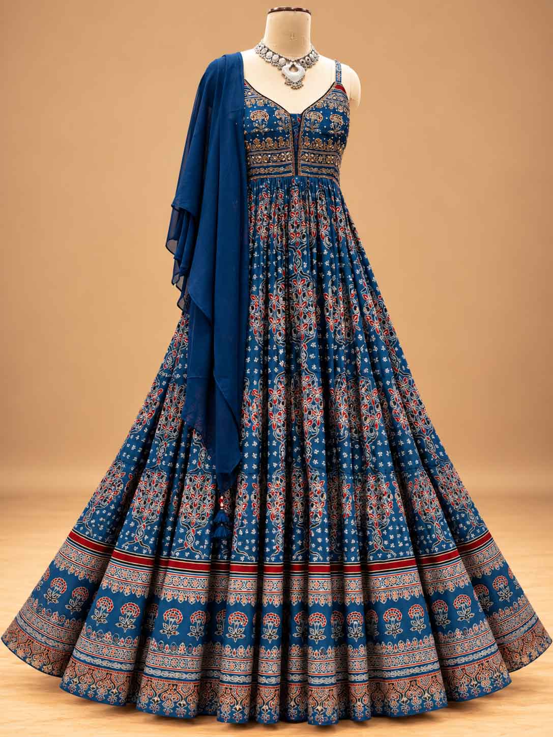 Deep Blue Printed Anarkali Dress with Traditional Floral Pattern | Women's Ethnic Wear