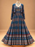 Deep Blue Printed Anarkali Dress with Traditional Floral Pattern | Women's Ethnic Wear