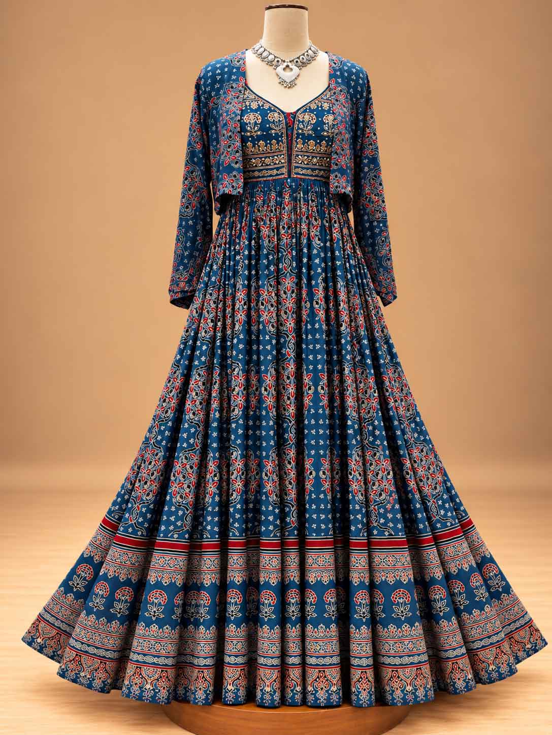 Deep Blue Printed Anarkali Dress with Traditional Floral Pattern | Women's Ethnic Wear