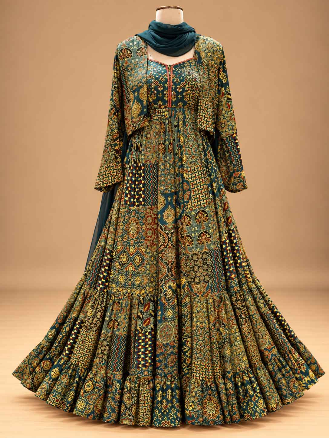 Teal Green Printed Anarkali Suit Set with Dupatta | Women's Festive Ethnic Wear