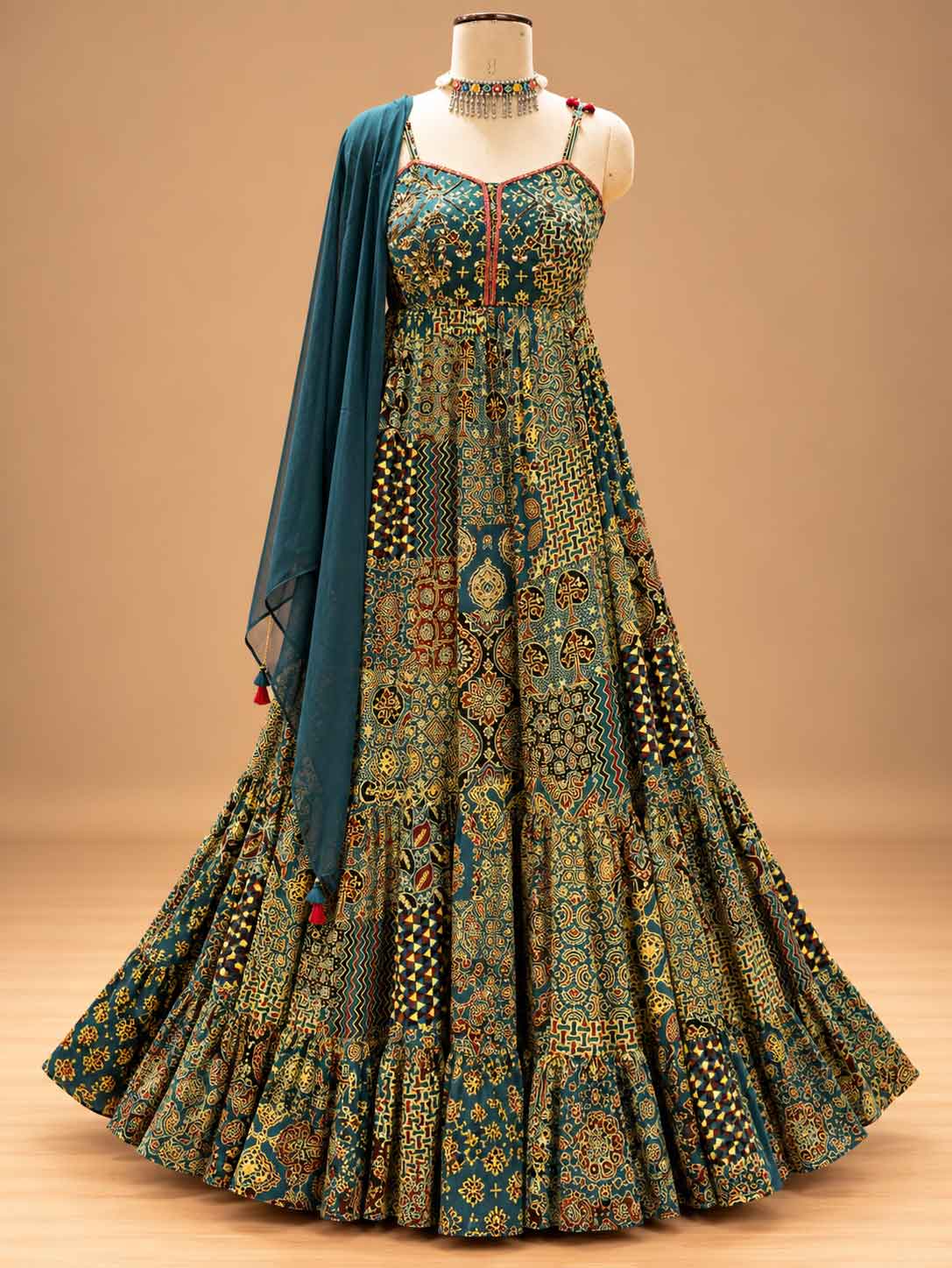 Teal Green Printed Anarkali Suit Set with Dupatta | Women's Festive Ethnic Wear