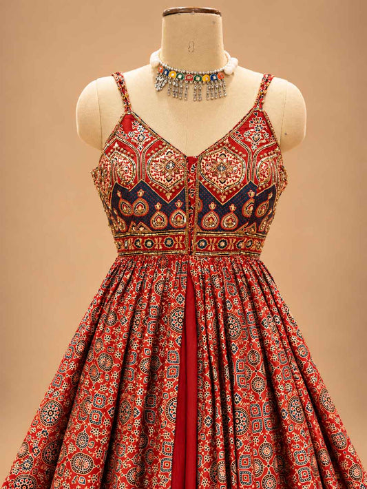 Red Printed Anarkali Dress with Sheer Dupatta for women – product view 2