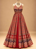 Red Printed Anarkali Dress with Sheer Dupatta | Women's Festive Ethnic Wear