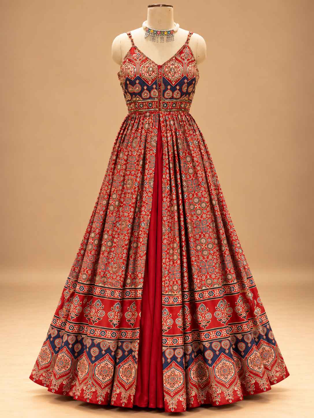 Red Printed Anarkali Dress with Sheer Dupatta | Women's Festive Ethnic Wear