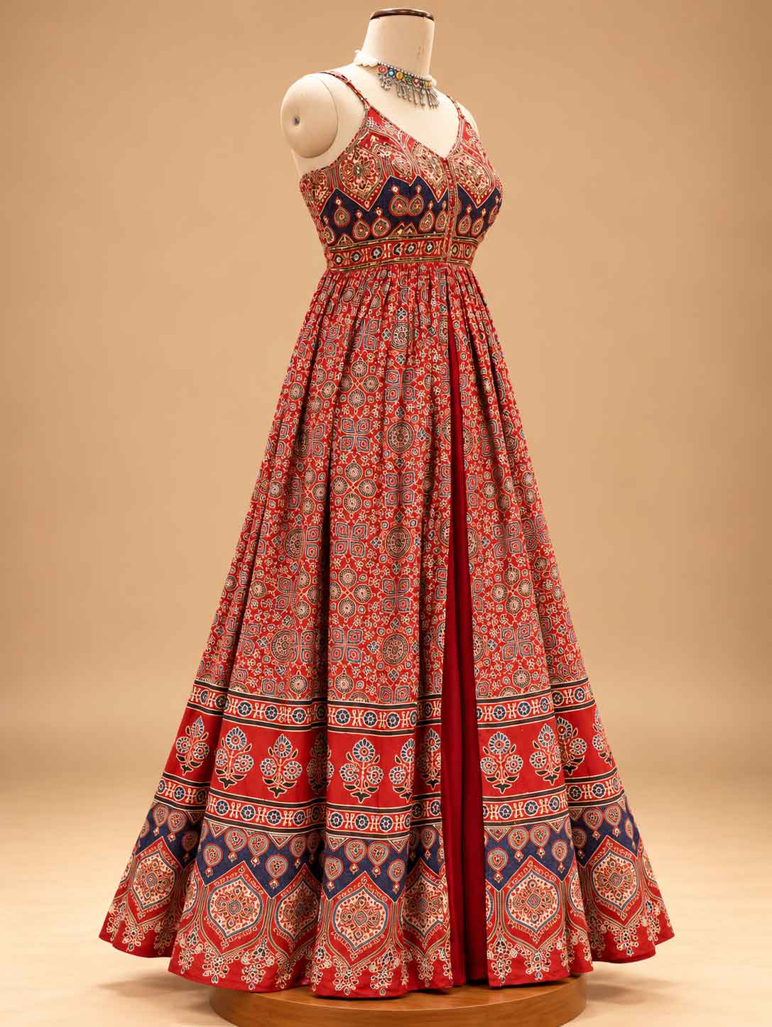 Red Printed Anarkali Dress with Sheer Dupatta | Women's Festive Ethnic Wear