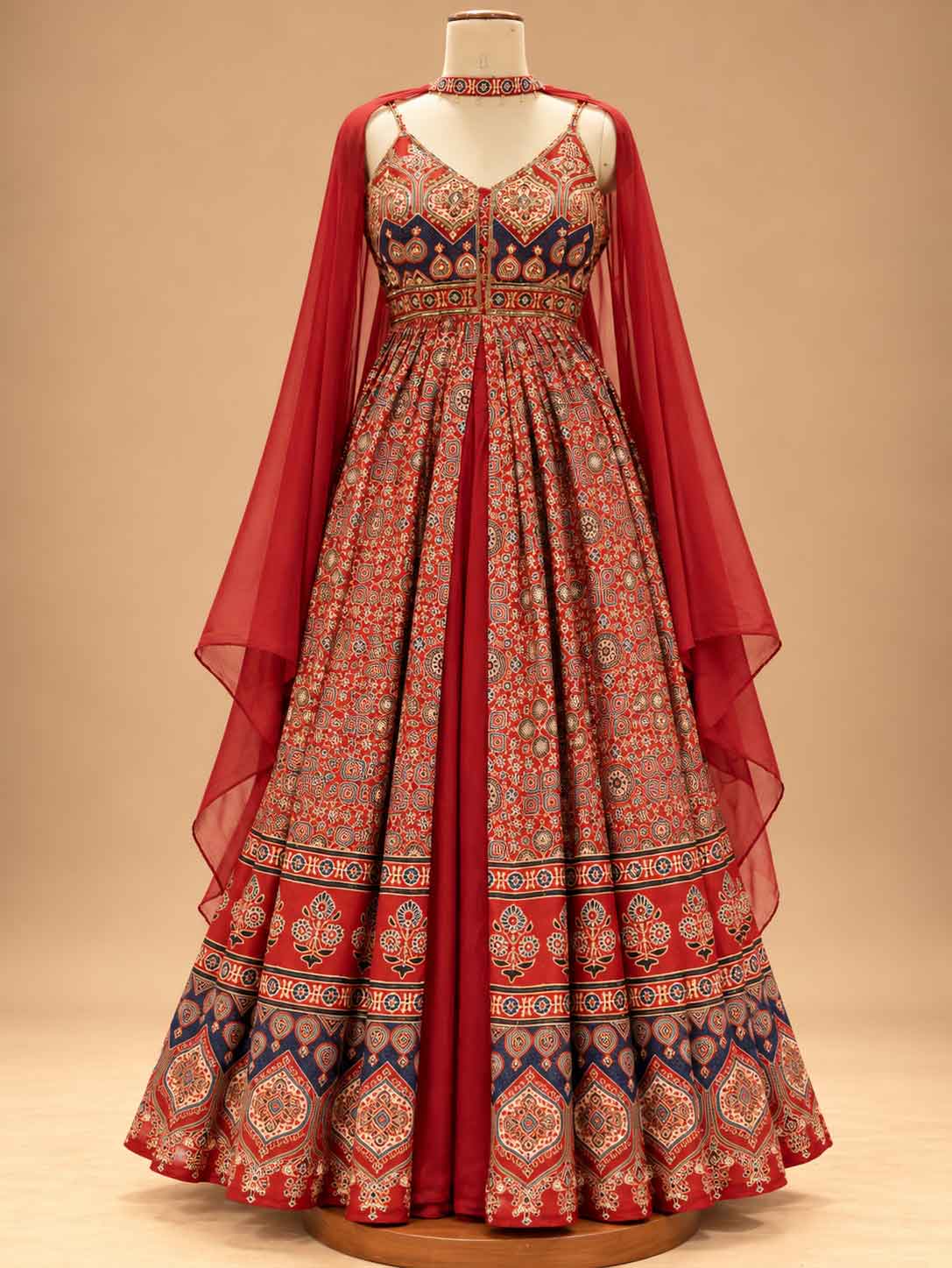 Red Printed Anarkali Dress with Sheer Dupatta | Women's Festive Ethnic Wear