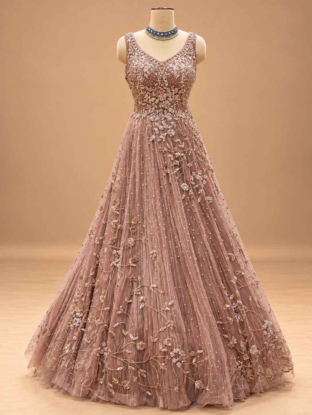 Dusty Rose Embroidered Anarkali Gown with Cape | Designer Indian Occasion Wear