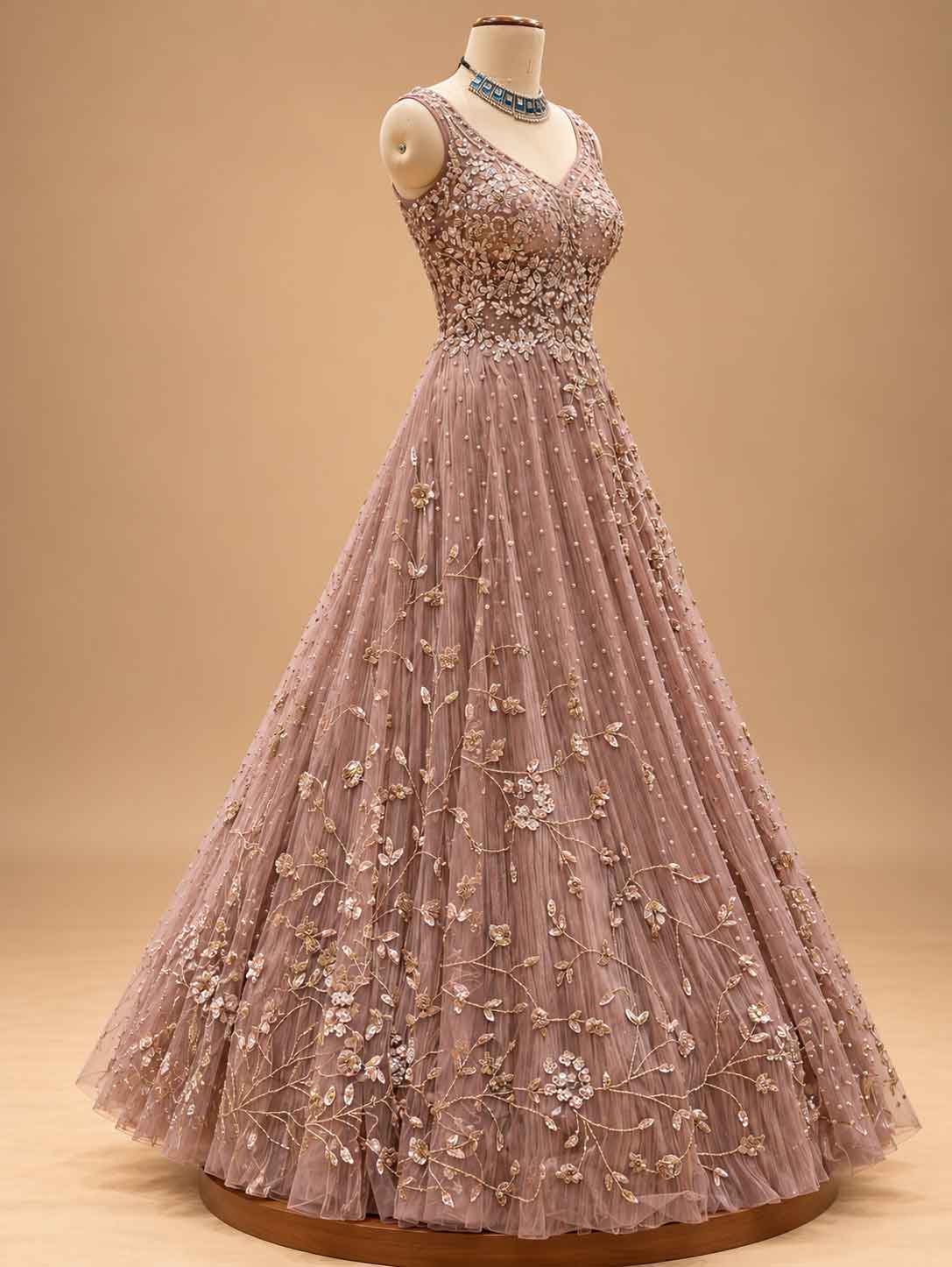 Dusty Rose Embroidered Anarkali Gown with Cape | Designer Indian Occasion Wear