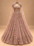Dusty Rose Embroidered Anarkali Gown with Cape | Designer Indian Occasion Wear