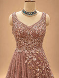 Dusty Rose Embroidered Anarkali Gown with Cape | Designer Indian Occasion Wear