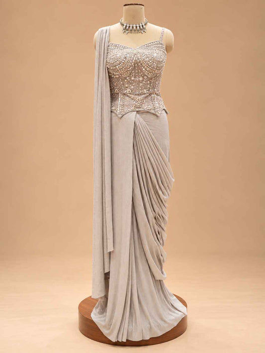 Champagne Beige Embellished Pre-Draped Saree with Beaded Blouse | Women's Occasion Wear
