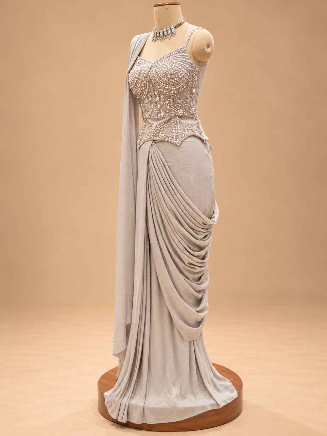 Champagne Beige Embellished Pre-Draped Saree with Beaded Blouse | Women's Occasion Wear