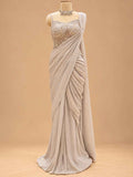 Champagne Beige Embellished Pre-Draped Saree with Beaded Blouse | Women's Occasion Wear