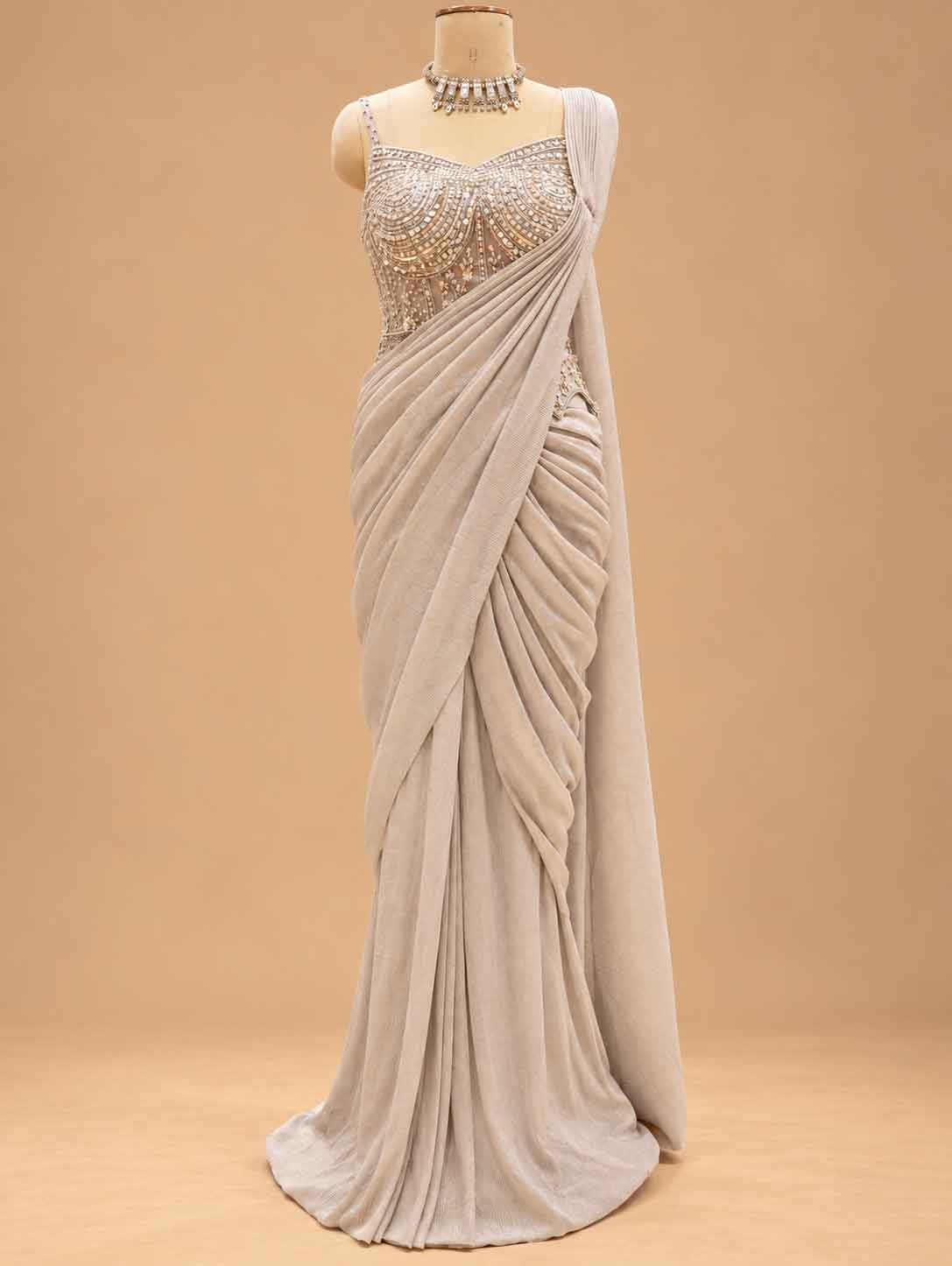 Champagne Beige Embellished Pre-Draped Saree with Beaded Blouse | Women's Occasion Wear