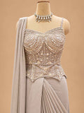 Champagne Beige Embellished Pre-Draped Saree with Beaded Blouse | Women's Occasion Wear